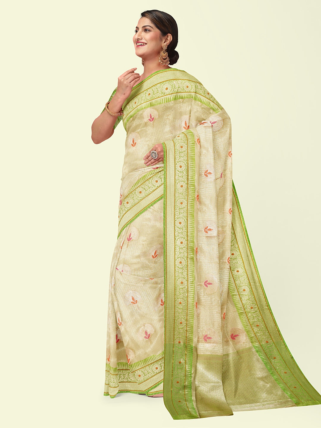 Faishana Presents Beige Woven Organza Green Border With Green Blouse Banarasi Saree