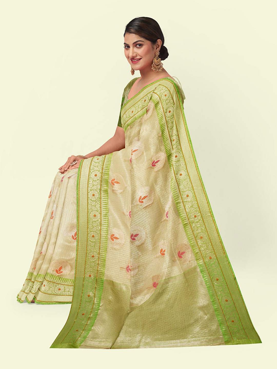 Beige Cotton Blend Banarasi Sarees For Women GEHKR 76