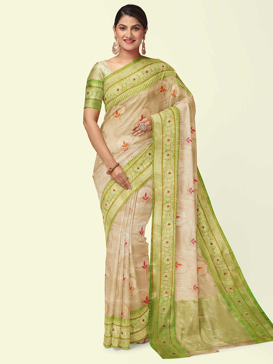 Beige Cotton Blend Banarasi Sarees For Women GEHKR 78