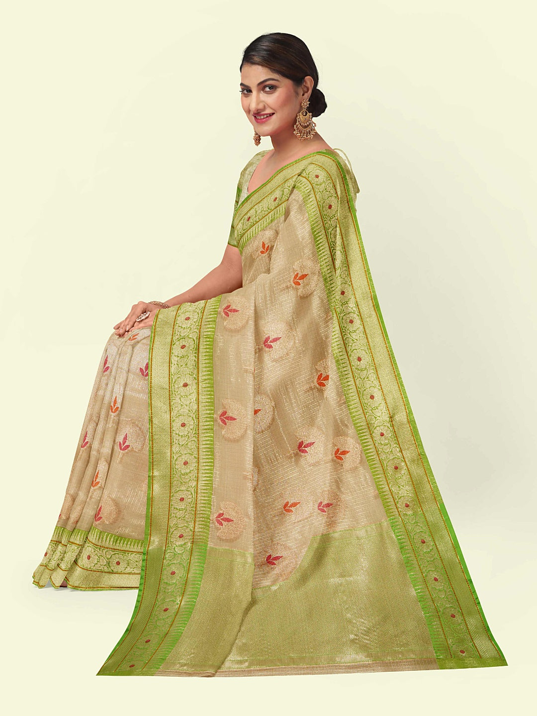 Beige Cotton Blend Banarasi Sarees For Women GEHKR 78