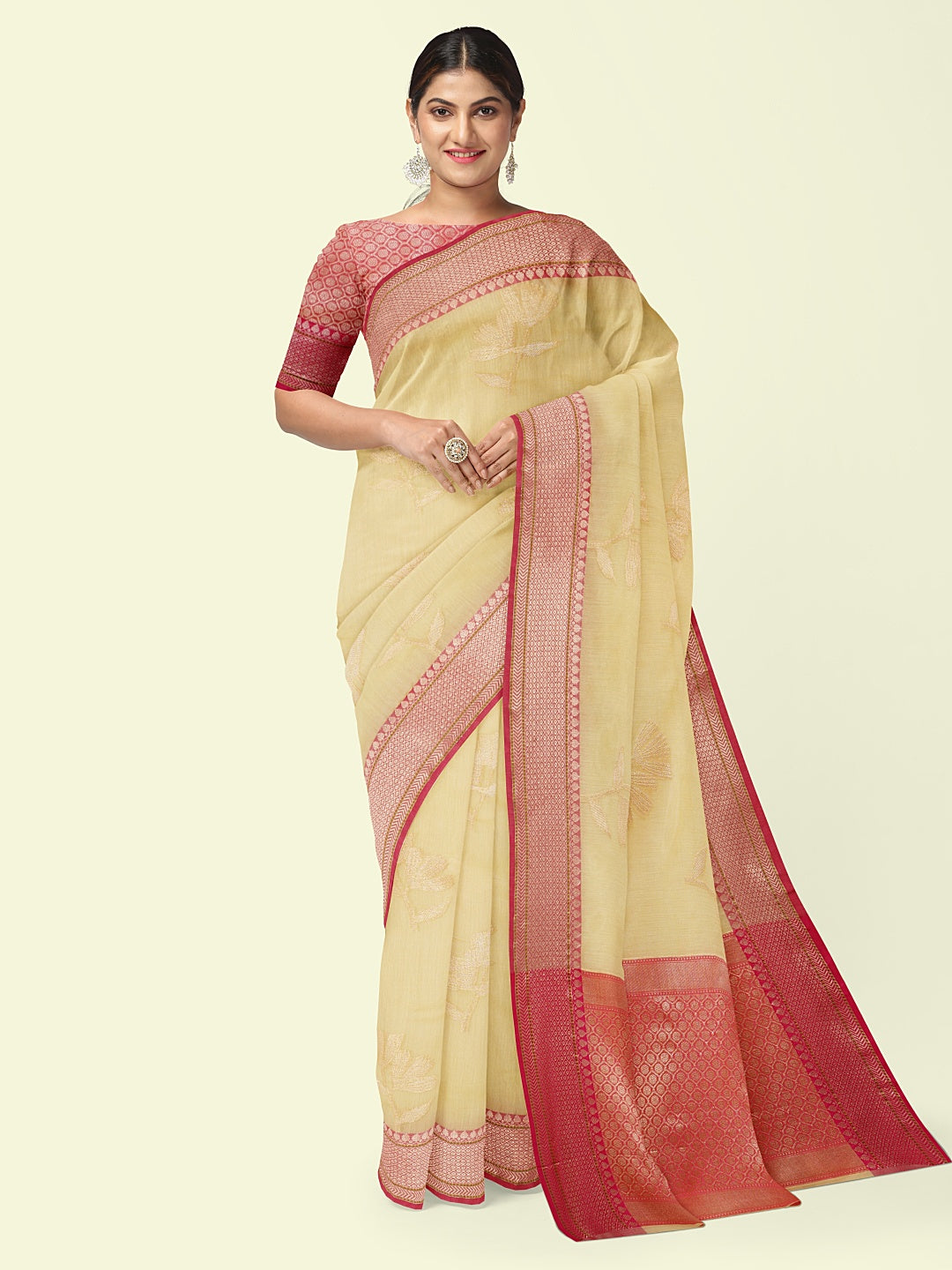 Beige Cotton Blend Banarasi Sarees For Women GEHKR 7