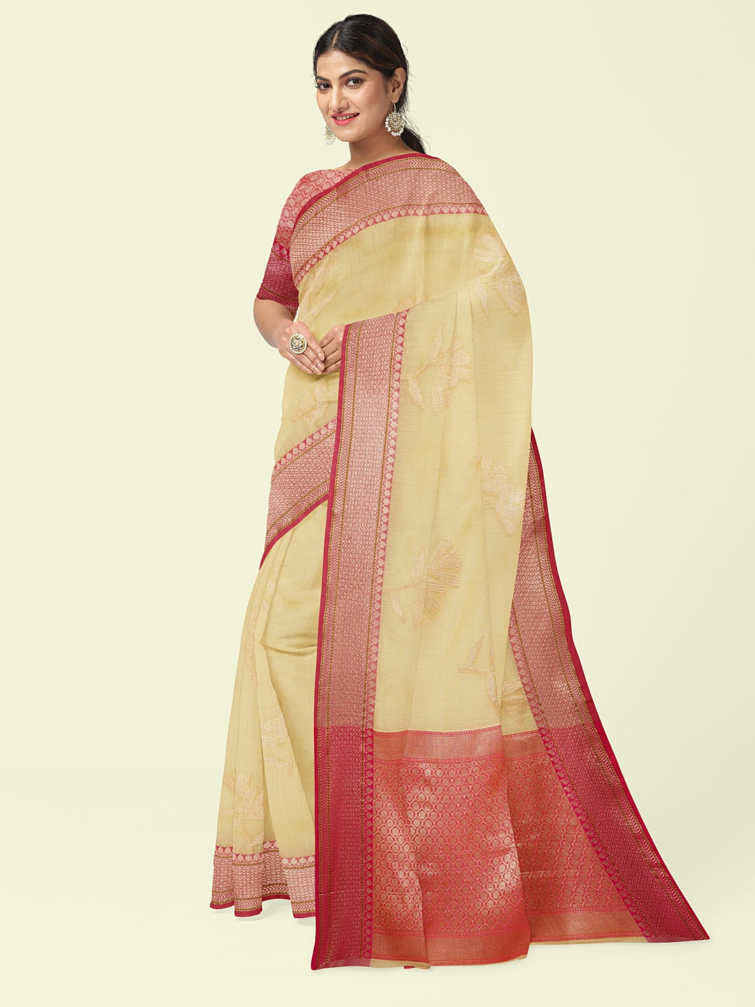 Beige Cotton Blend Banarasi Sarees For Women GEHKR 7