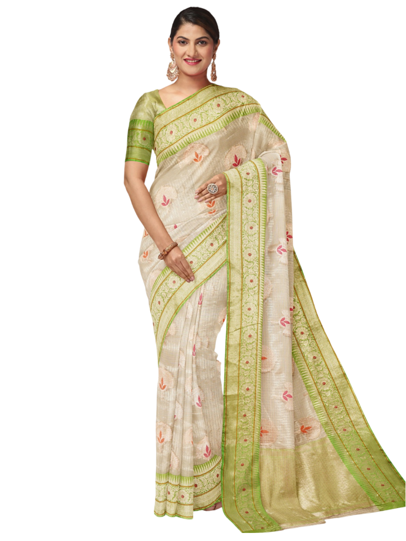 Faishana Presents Beige Woven Organza Green Border With Green Blouse Banarasi Saree