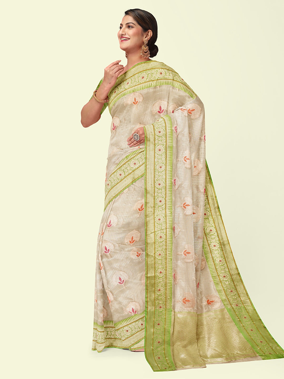 Faishana Presents Beige Woven Organza Green Border With Green Blouse Banarasi Saree