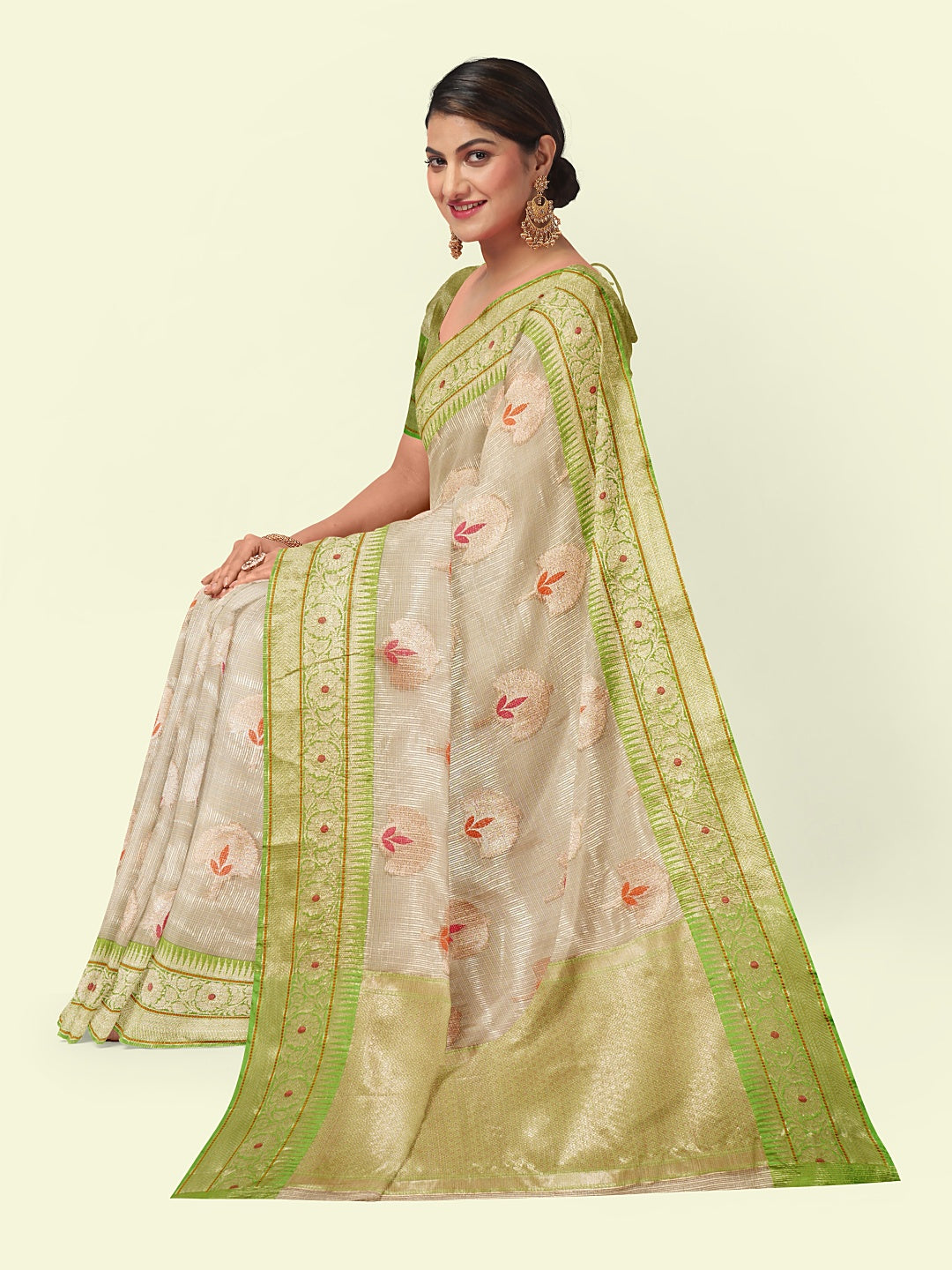Faishana Presents Beige Woven Organza Green Border With Green Blouse Banarasi Saree