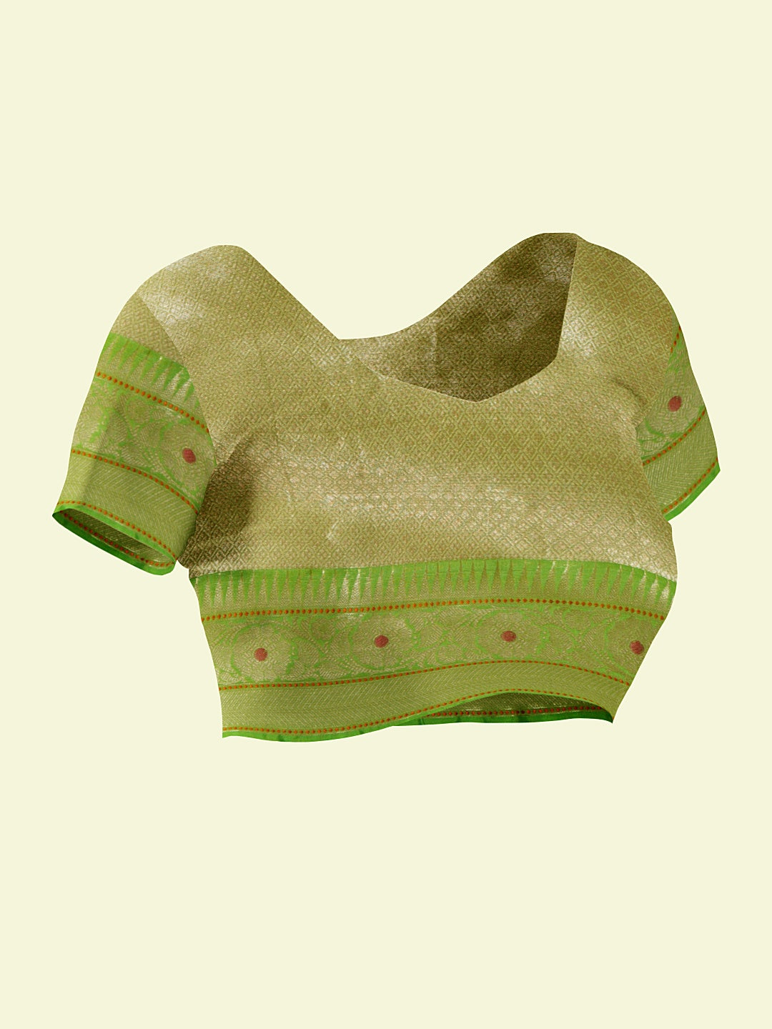 Faishana Presents Beige Woven Organza Green Border With Green Blouse Banarasi Saree