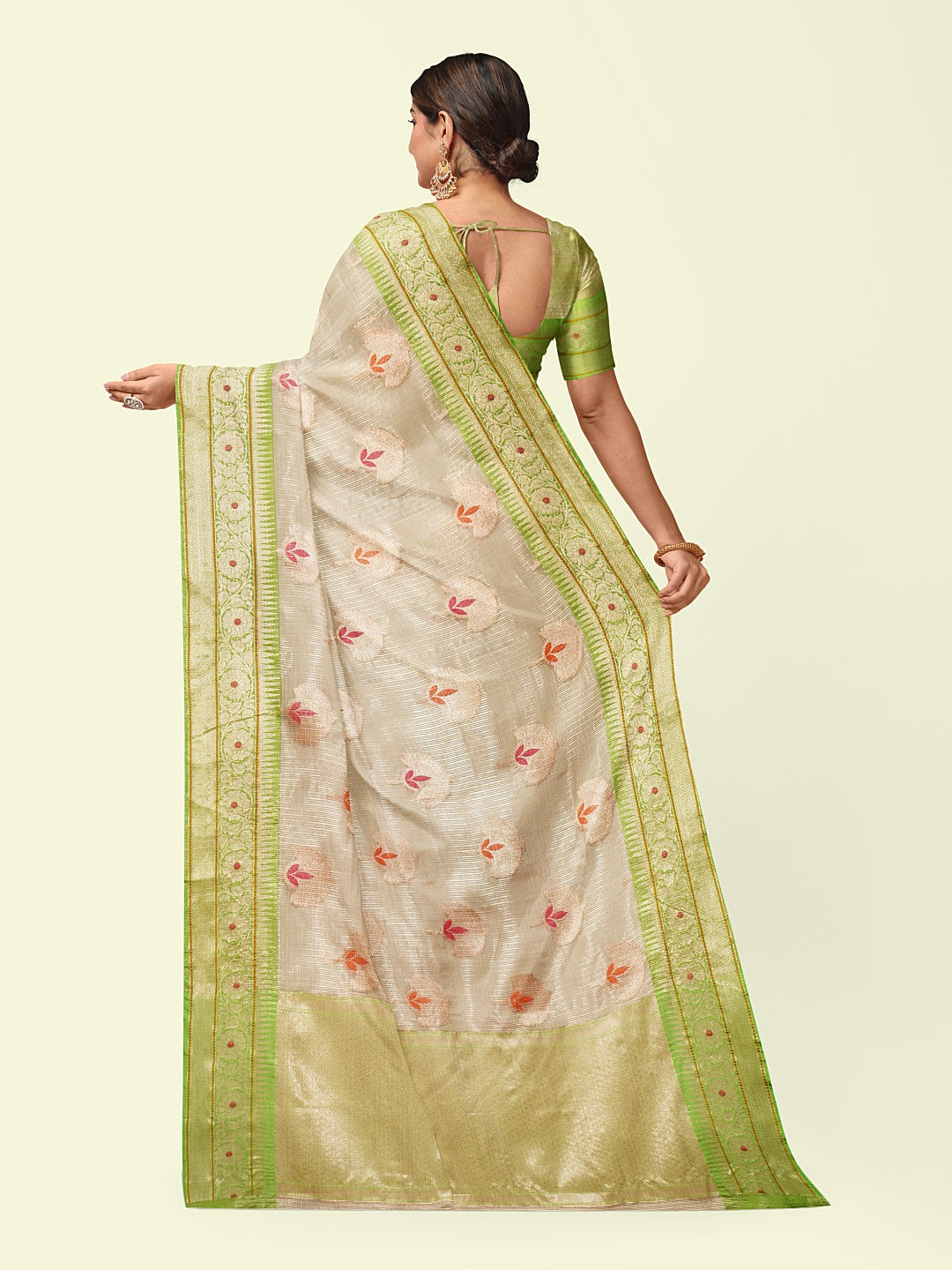 Faishana Presents Beige Woven Organza Green Border With Green Blouse Banarasi Saree