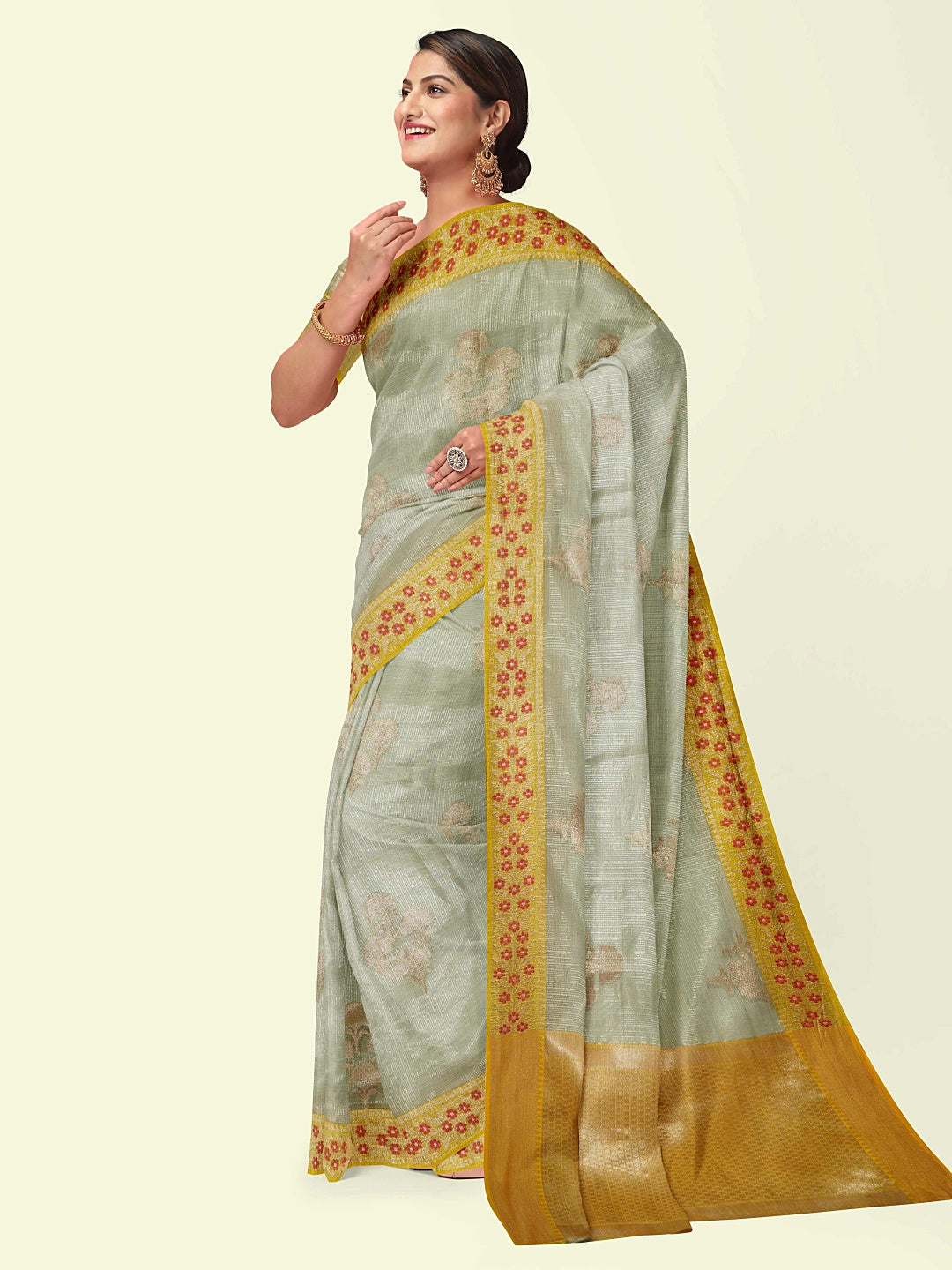 Faishana Presents Seagreen Woven Organza Yellow Border With Beige Blouse Banarasi Saree