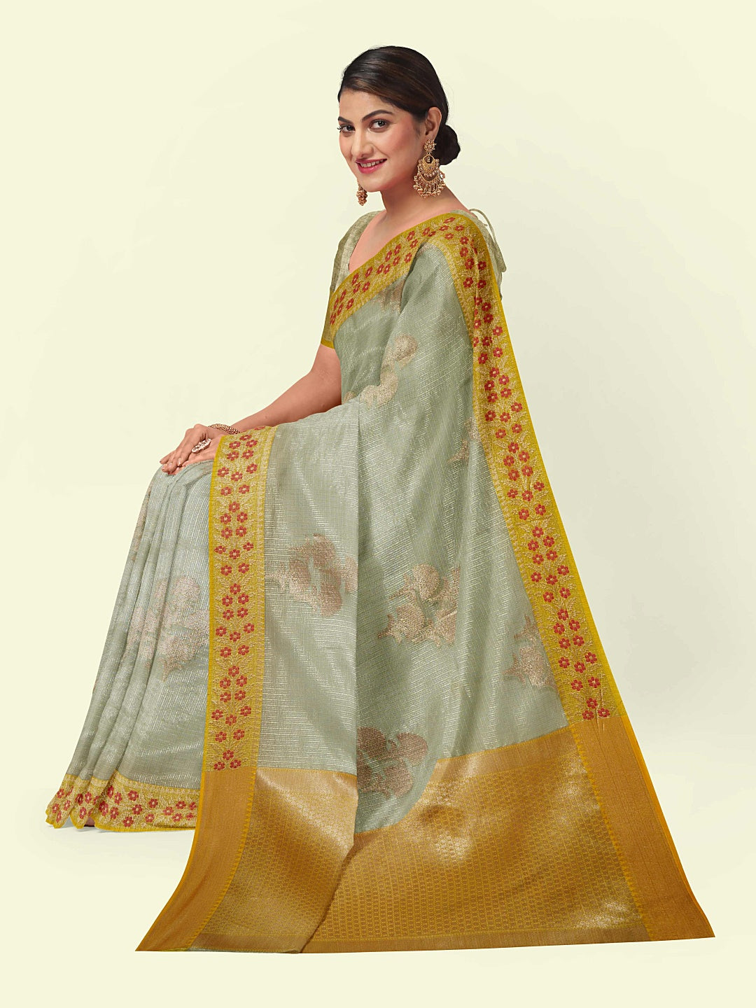 Faishana Presents Seagreen Woven Organza Yellow Border With Beige Blouse Banarasi Saree