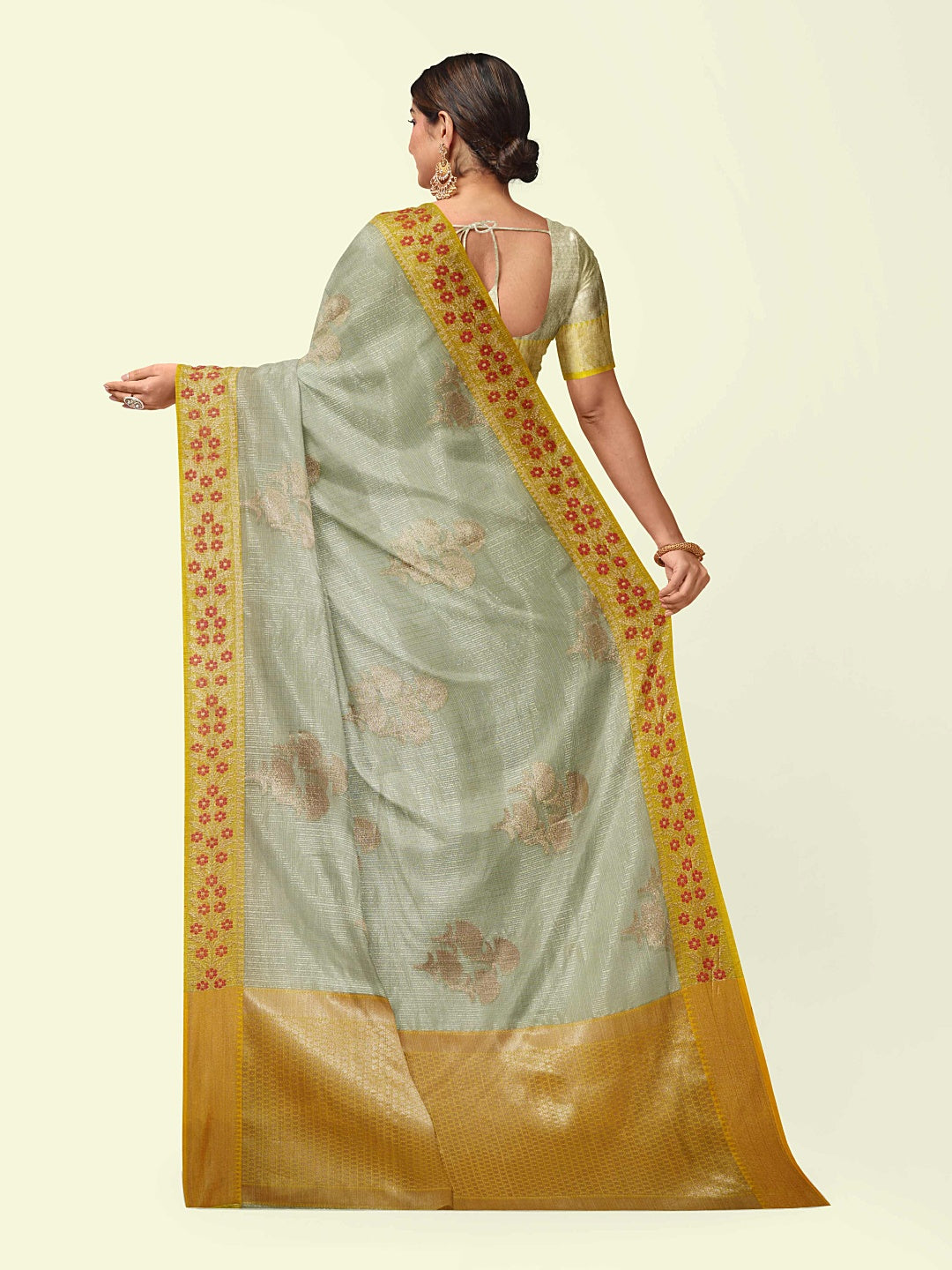 Faishana Presents Seagreen Woven Organza Yellow Border With Beige Blouse Banarasi Saree