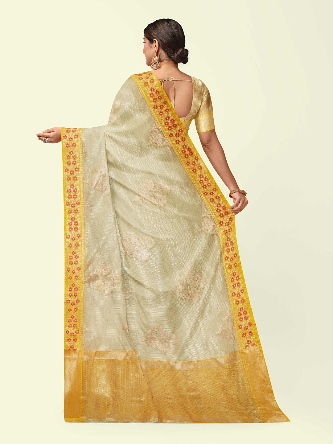 Faishana Presents Off-white Woven Organza Yellow Border With Beige Blouse Banarasi Saree