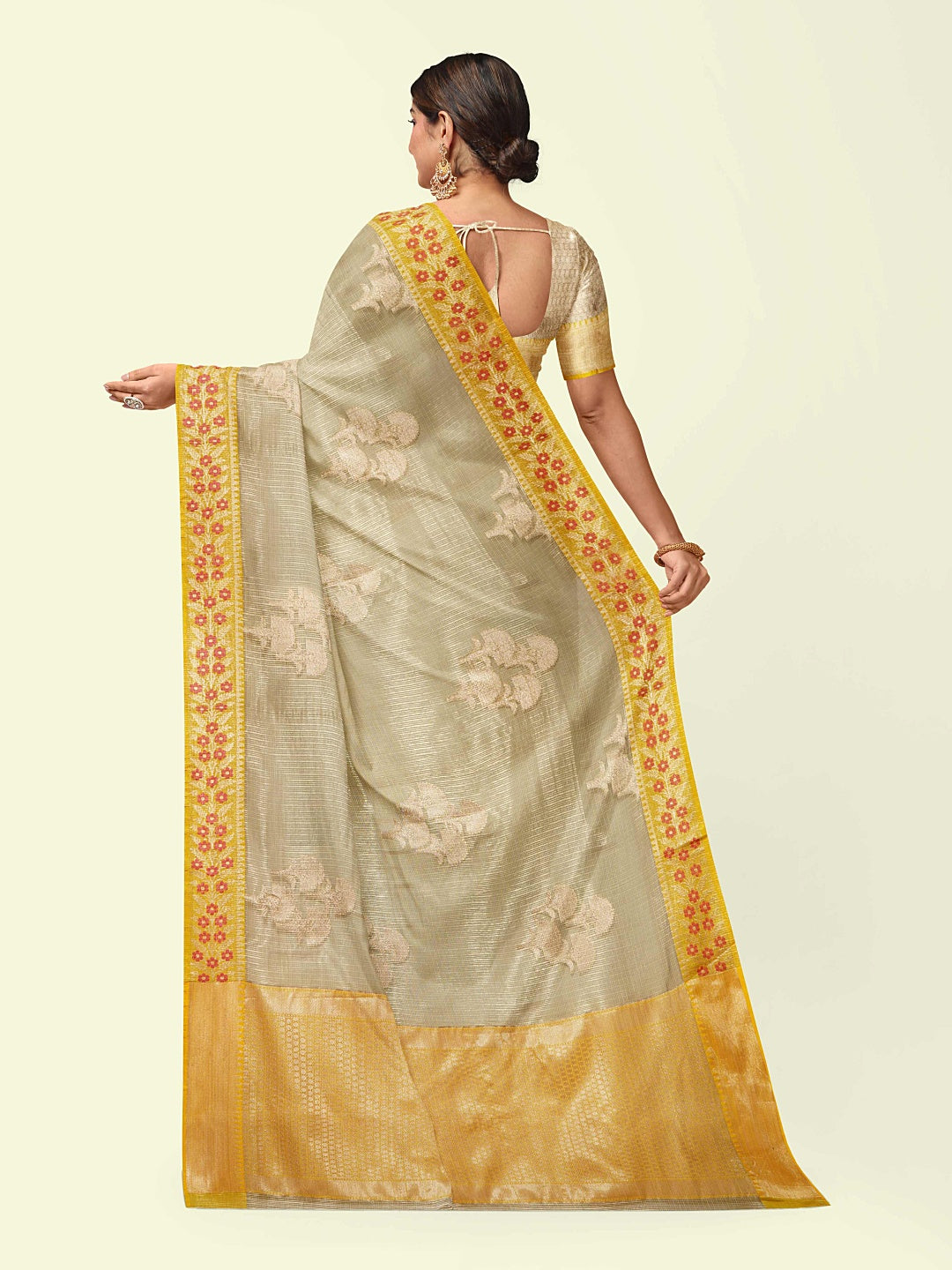 Faishana Presents Beige Woven Organza Yellow Border With Beige Blouse Banarasi Saree