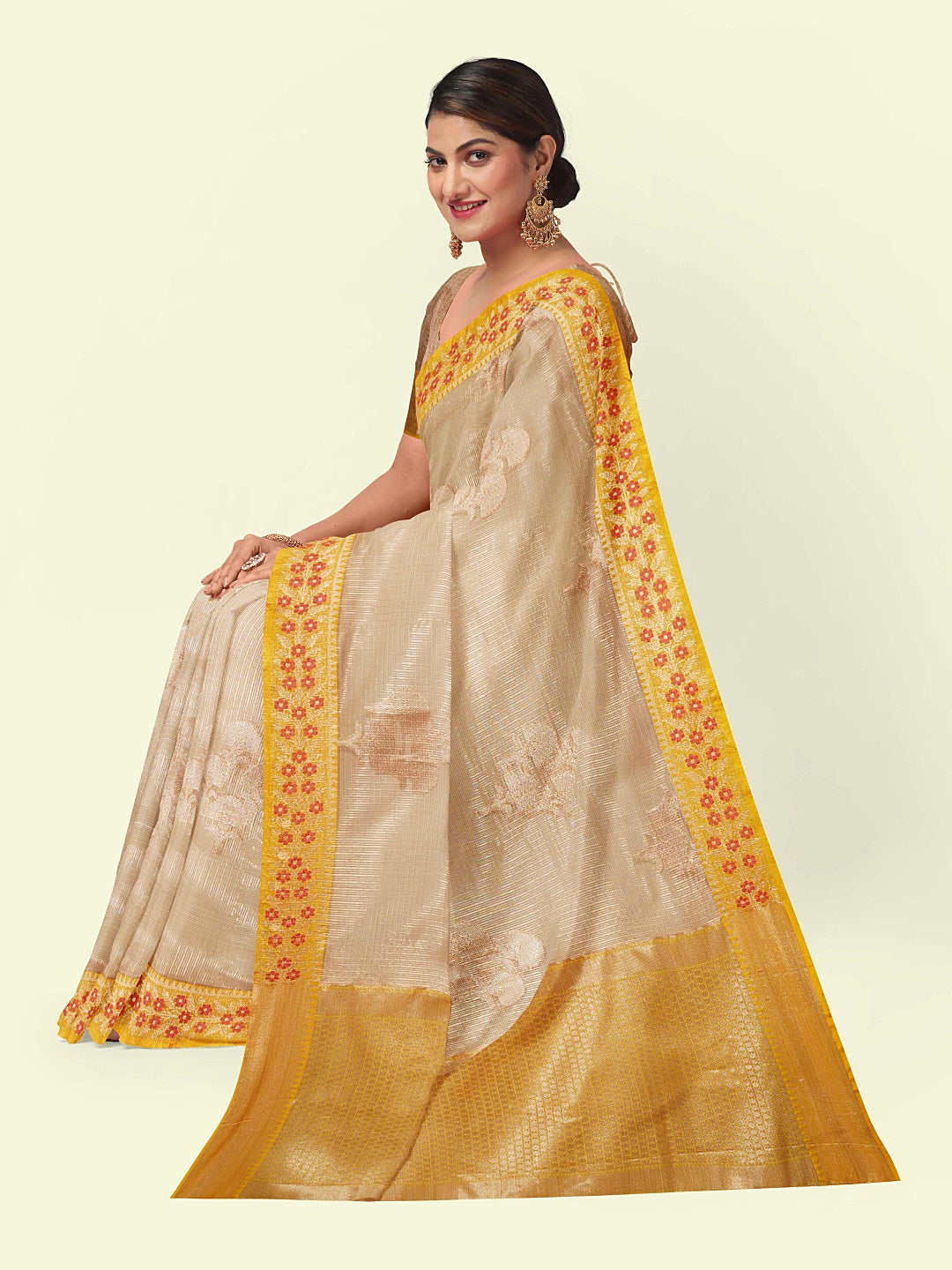 Faishana Presents Peach Woven Organza Yellow Border With Beige Blouse Banarasi Saree
