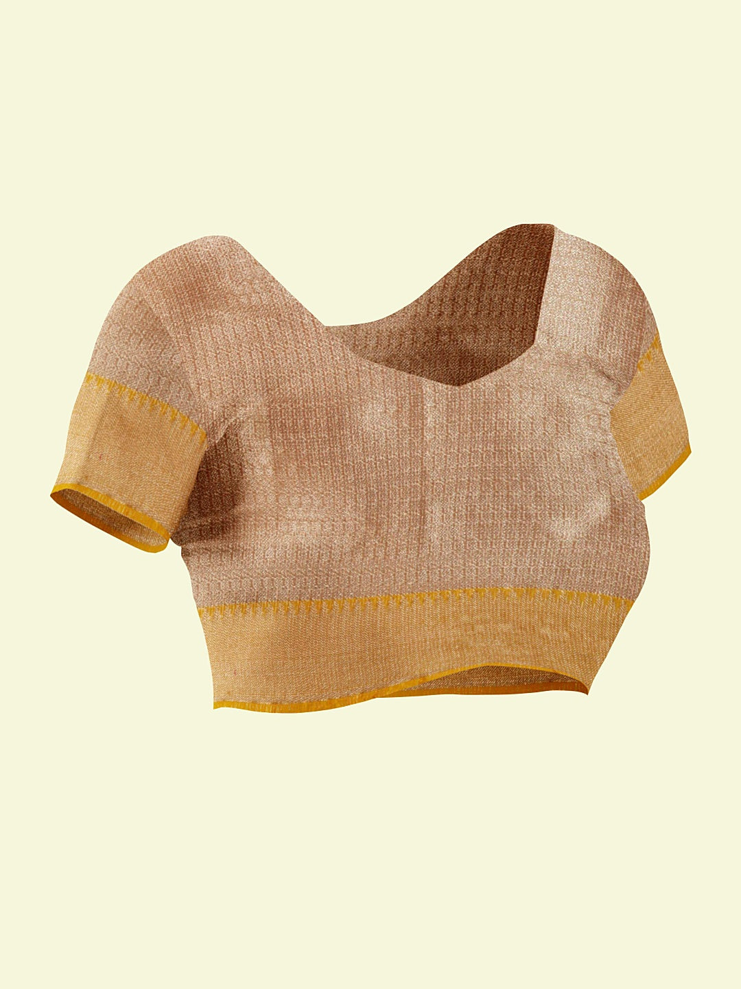Faishana Presents Peach Woven Organza Yellow Border With Beige Blouse Banarasi Saree