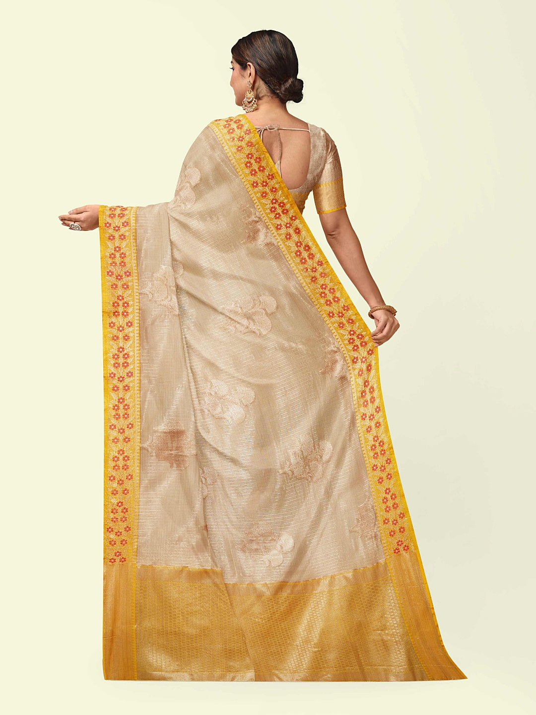 Faishana Presents Peach Woven Organza Yellow Border With Beige Blouse Banarasi Saree