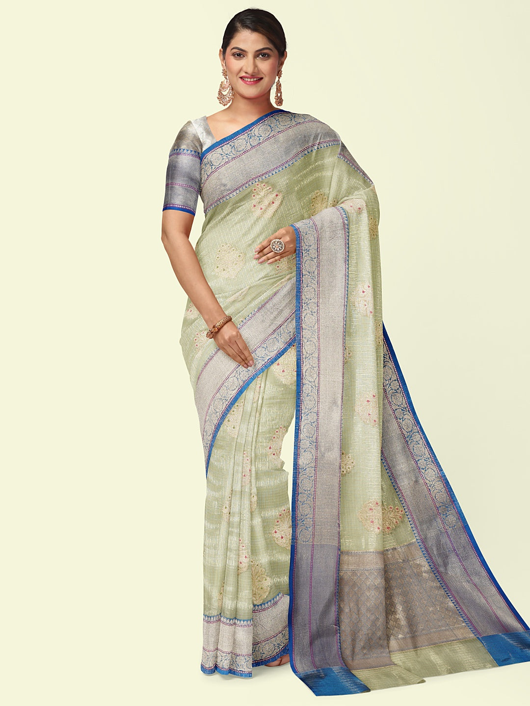 Faishana Presents Sea Green Woven Organza Blue Border With Blue Blouse Banarasi Saree