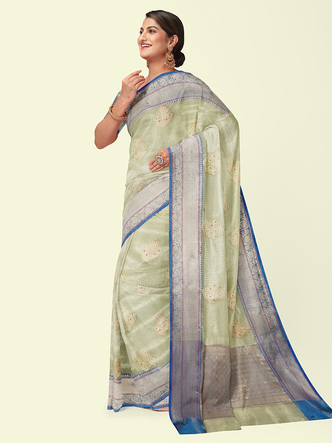 Faishana Presents Sea Green Woven Organza Blue Border With Blue Blouse Banarasi Saree