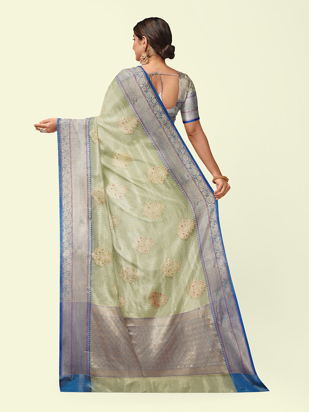 Faishana Presents Sea Green Woven Organza Blue Border With Blue Blouse Banarasi Saree