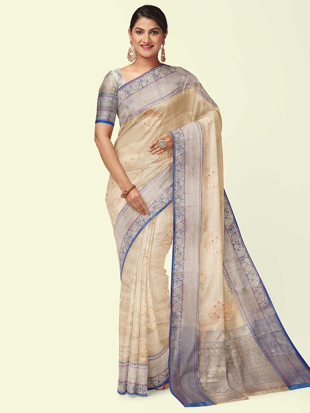 Faishana Presents Sea Beige Woven Organza Blue Border With Blue Blouse Banarasi Saree