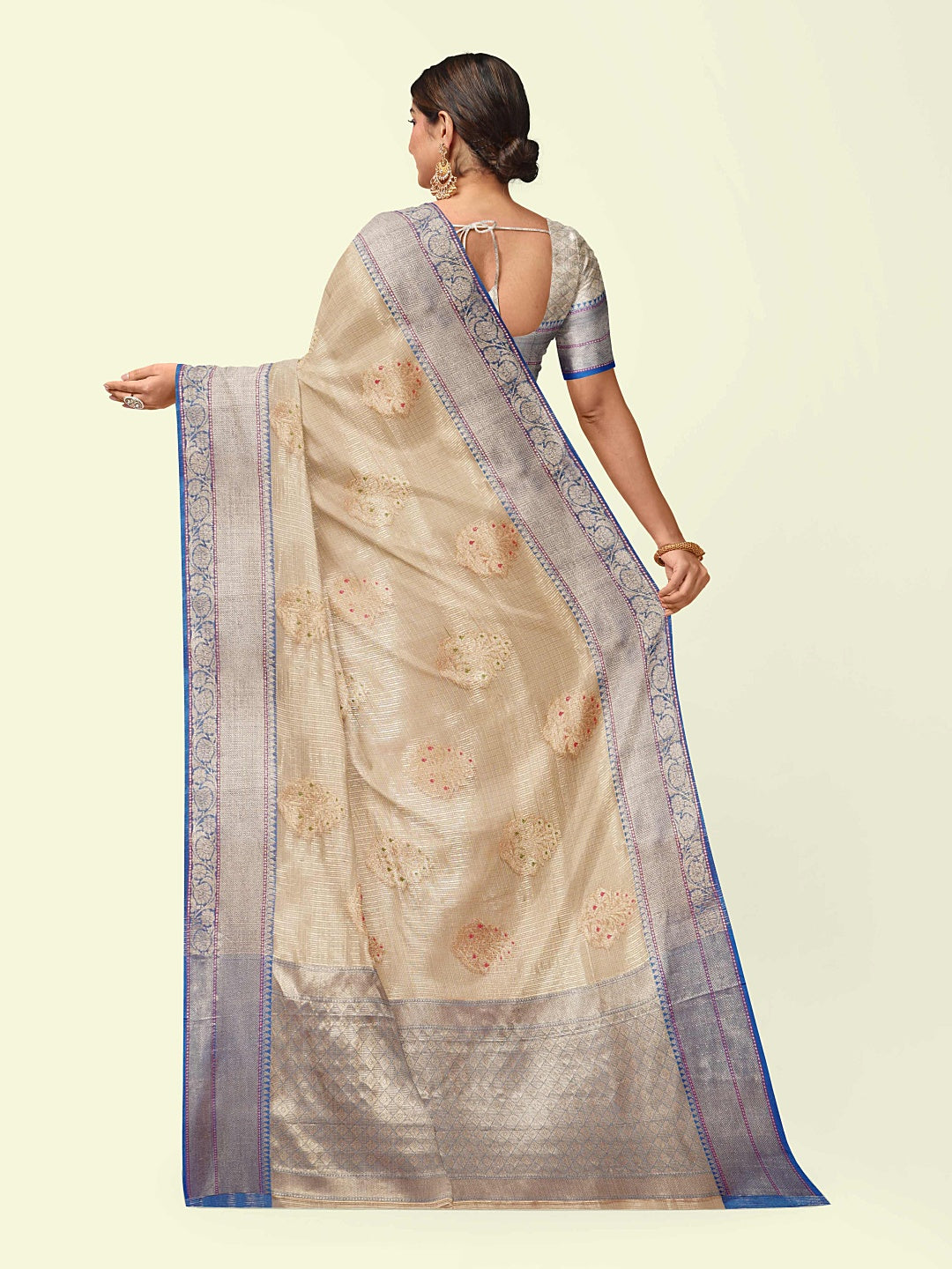 Faishana Presents Sea Beige Woven Organza Blue Border With Blue Blouse Banarasi Saree