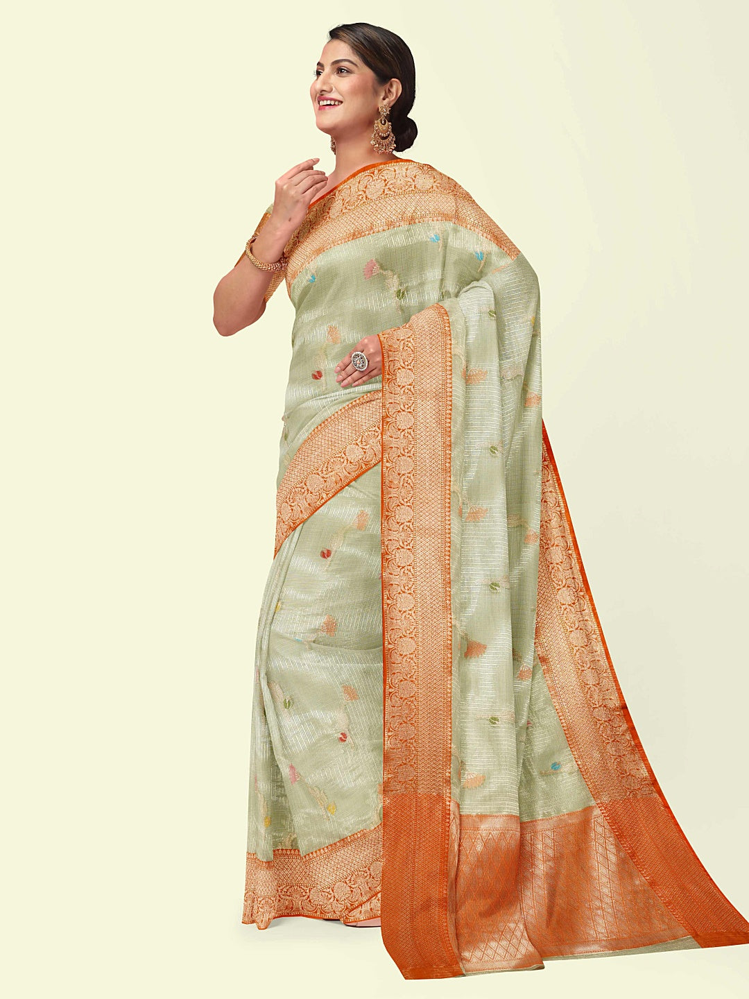 Faishana Presents Seagreen Woven Organza Orange Border With Orange Blouse Banarasi Saree
