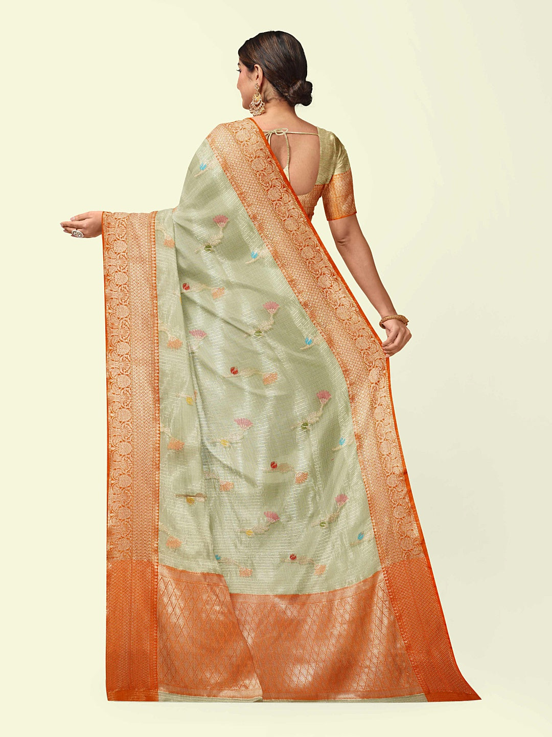 Faishana Presents Seagreen Woven Organza Orange Border With Orange Blouse Banarasi Saree