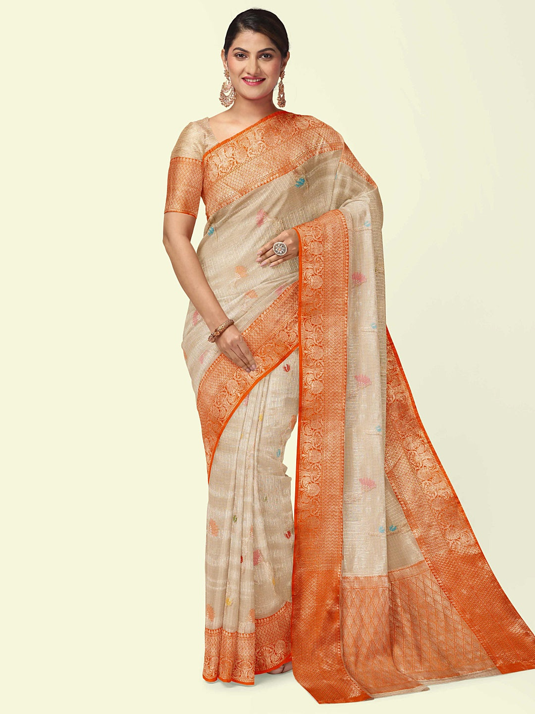 Faishana Presents Light Peach Woven Organza Orange Border With Beige Blouse Banarasi Saree