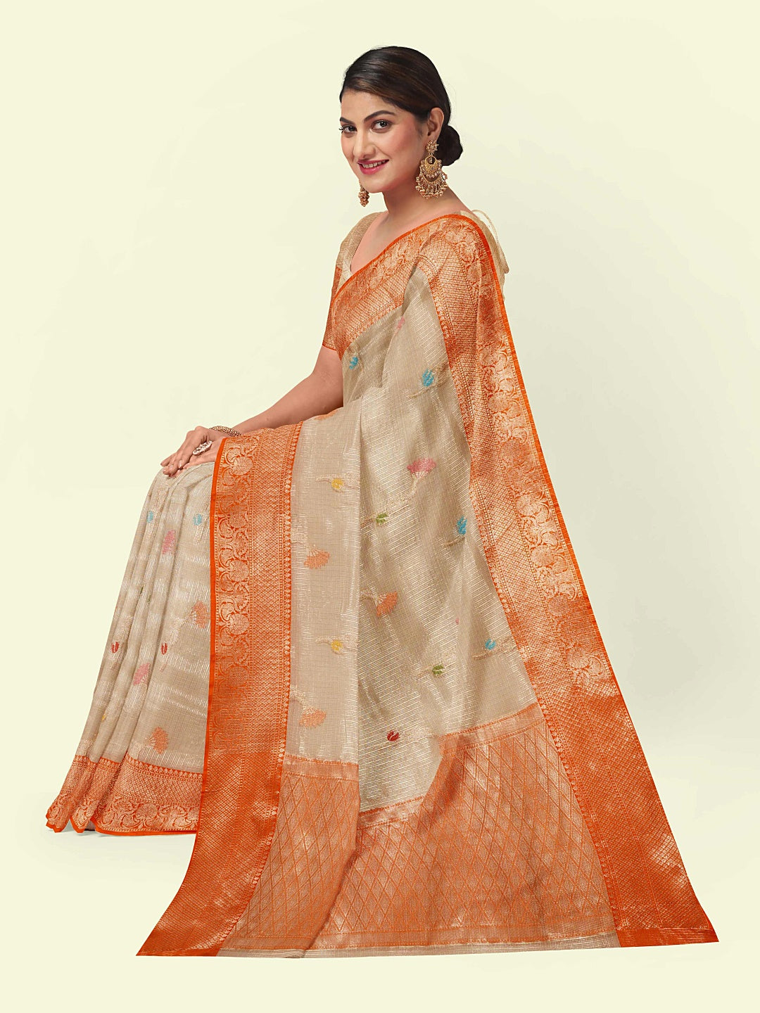 Faishana Presents Light Peach Woven Organza Orange Border With Beige Blouse Banarasi Saree