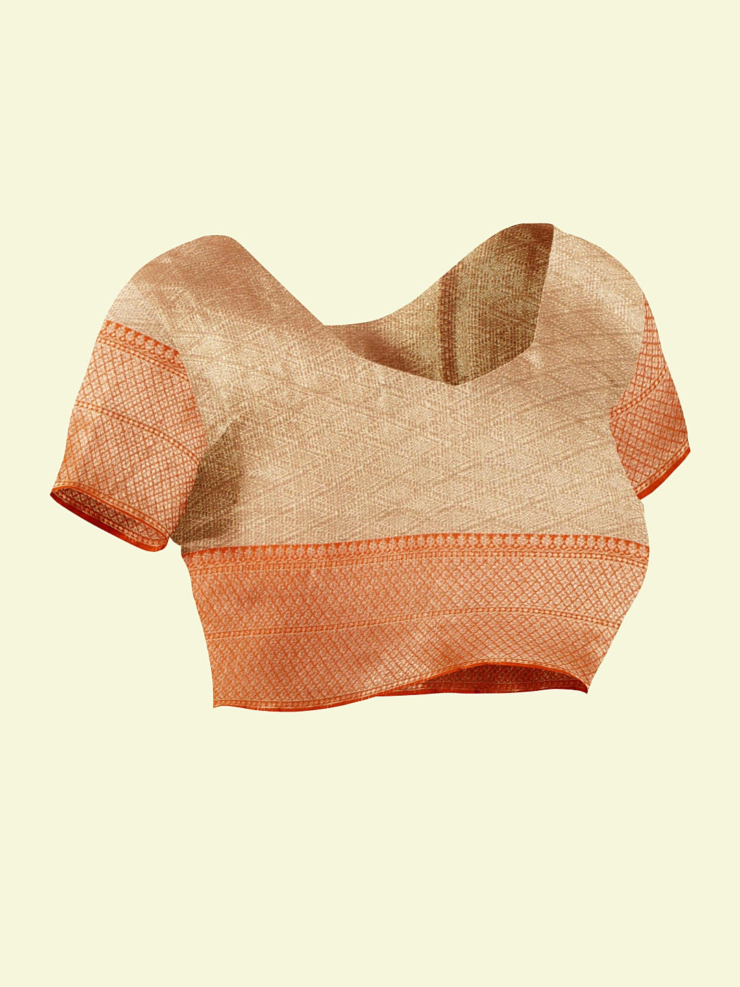 Faishana Presents Light Peach Woven Organza Orange Border With Beige Blouse Banarasi Saree