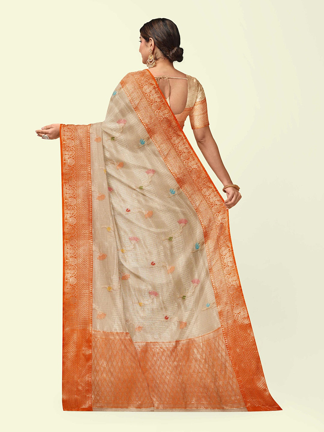 Faishana Presents Light Peach Woven Organza Orange Border With Beige Blouse Banarasi Saree