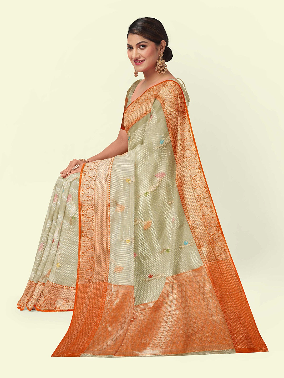 Faishana Presents Cream Woven Organza Orange Border With Cream Blouse Banarasi Saree