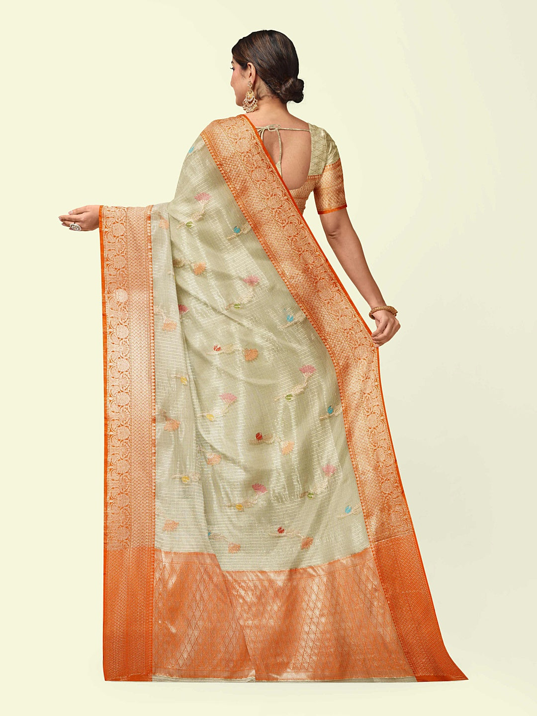 Faishana Presents Cream Woven Organza Orange Border With Cream Blouse Banarasi Saree