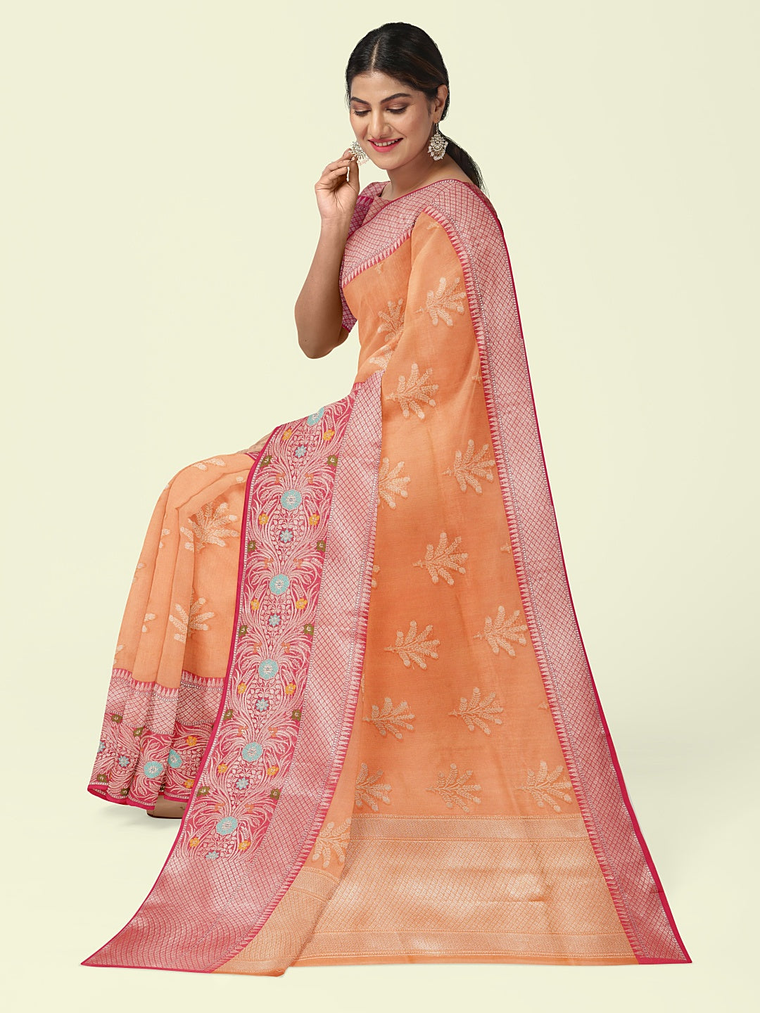 Orange Cotton Blend Banarasi Sarees For Women GEHKR 4