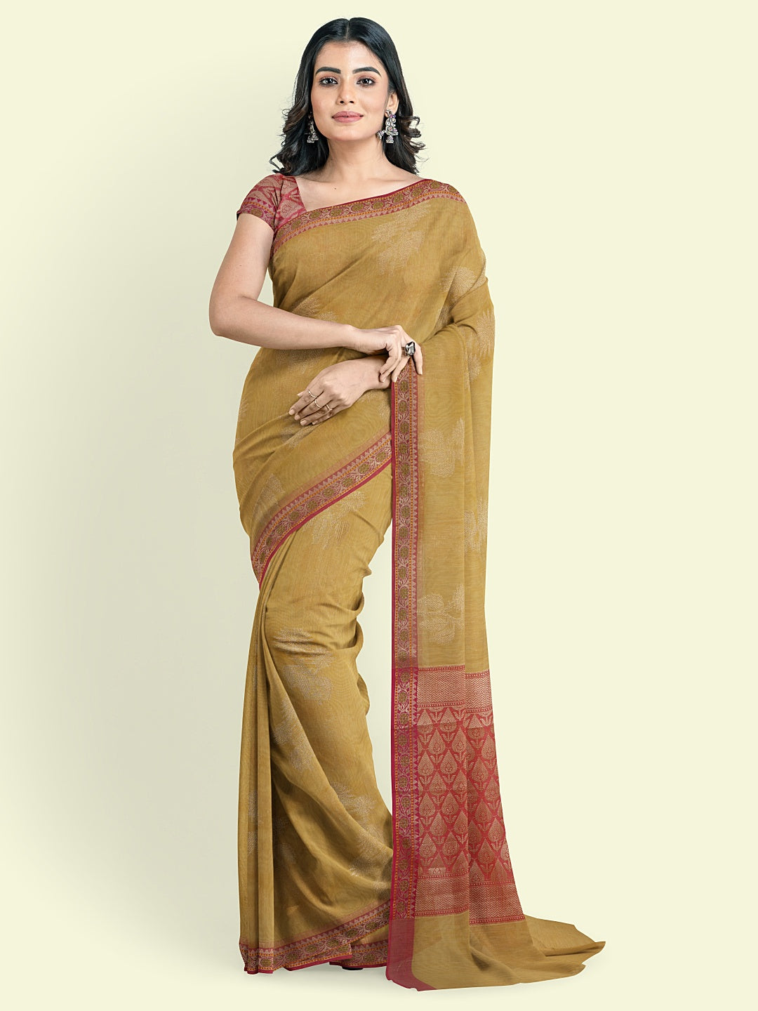 Faishana Presents Beige Woven Organza Pink Border With Pink Blouse Banarasi Saree