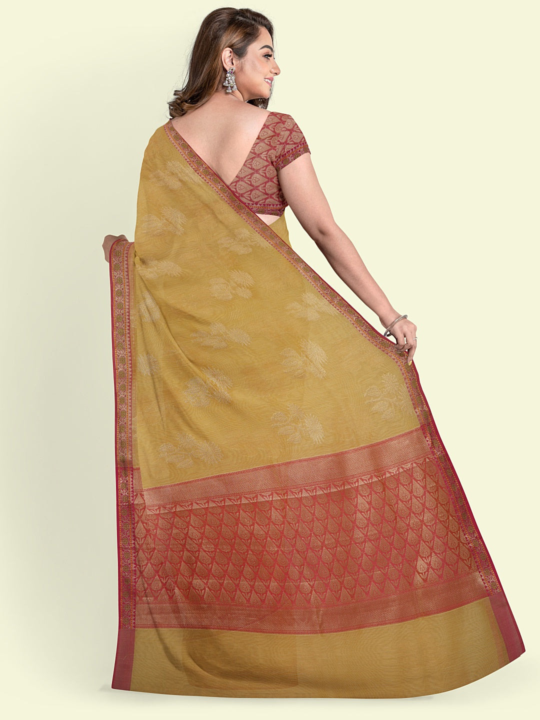 Faishana Presents Beige Woven Organza Pink Border With Pink Blouse Banarasi Saree