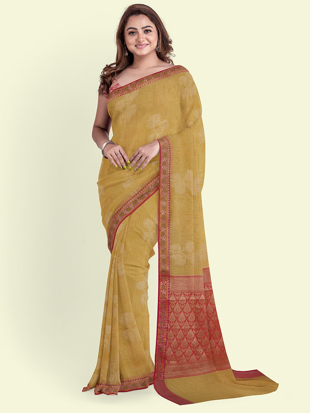 Faishana Presents Beige Woven Organza Pink Border With Pink Blouse Banarasi Saree
