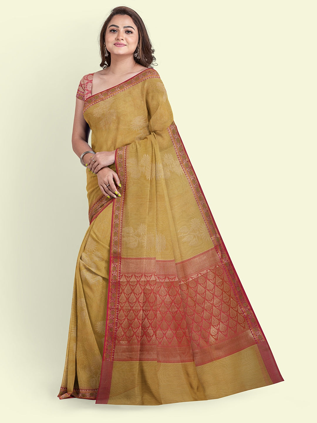 Faishana Presents Beige Woven Organza Pink Border With Pink Blouse Banarasi Saree