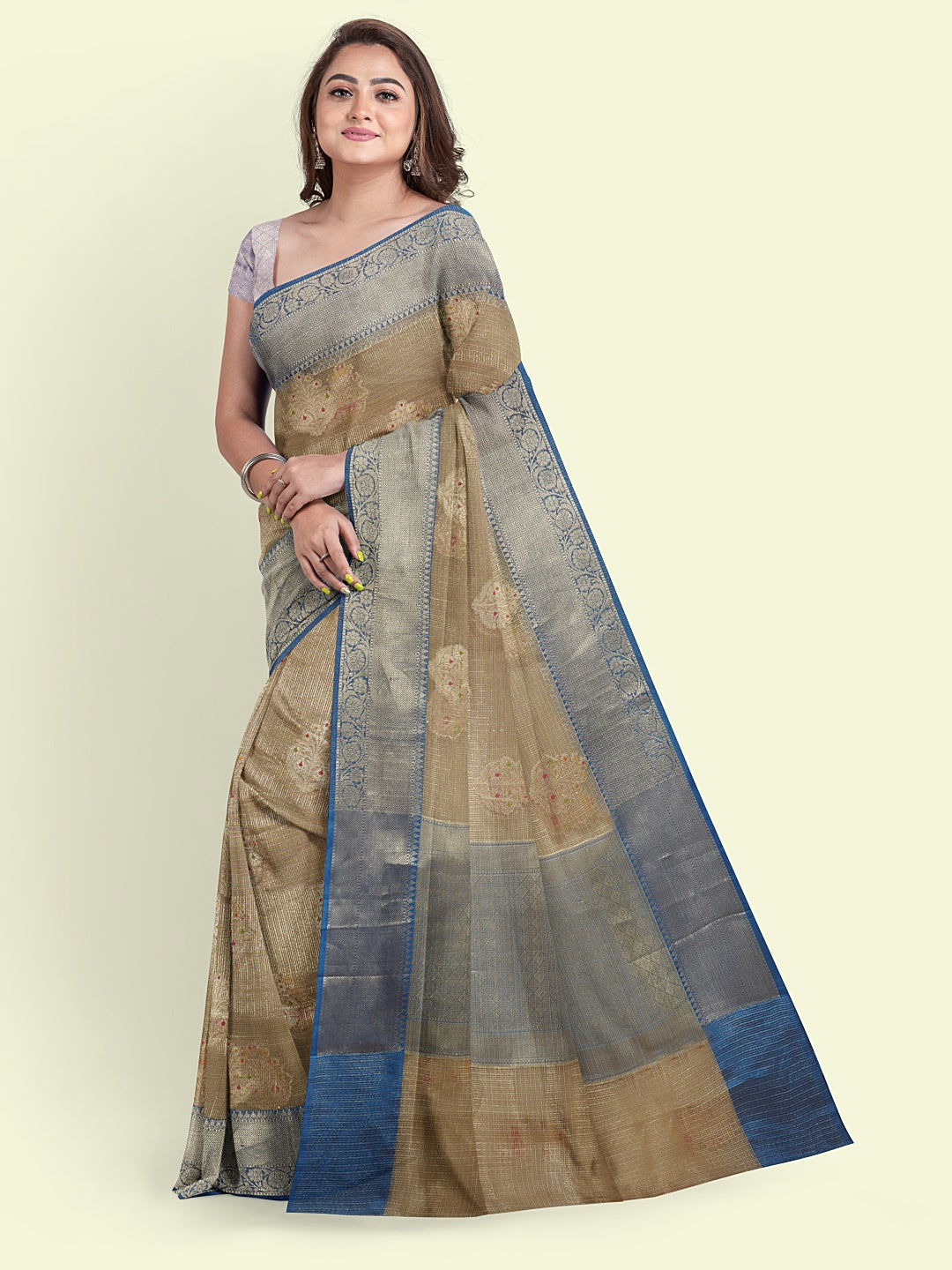 Faishana Presents Grey Woven Organza Blue Border With Blue Blouse Banarasi Saree