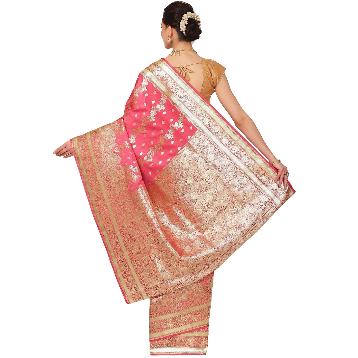 Faishana Presents Peach Katan Silk Mughal Motif Floral Stripe Banarasi Saree with Blouse piece