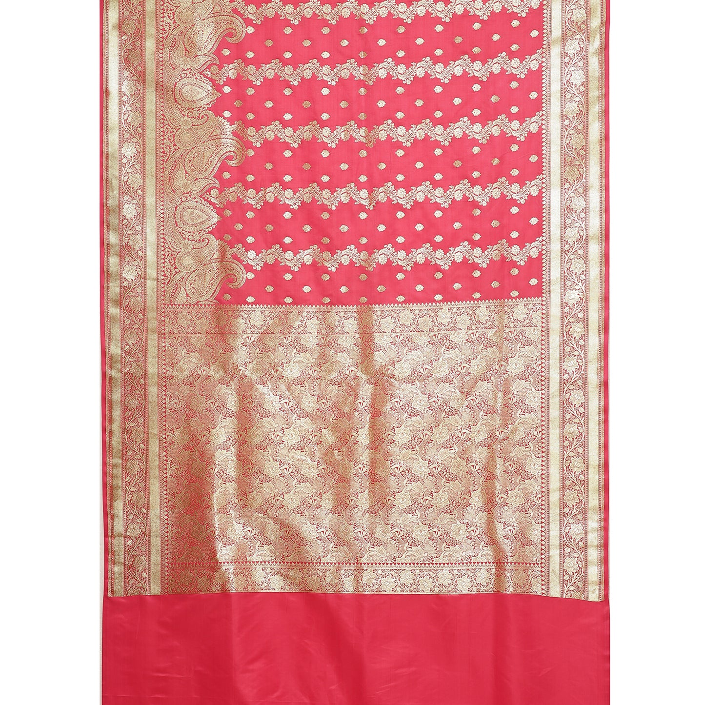 Faishana Presents Peach Katan Silk Mughal Motif Floral Stripe Banarasi Saree with Blouse piece