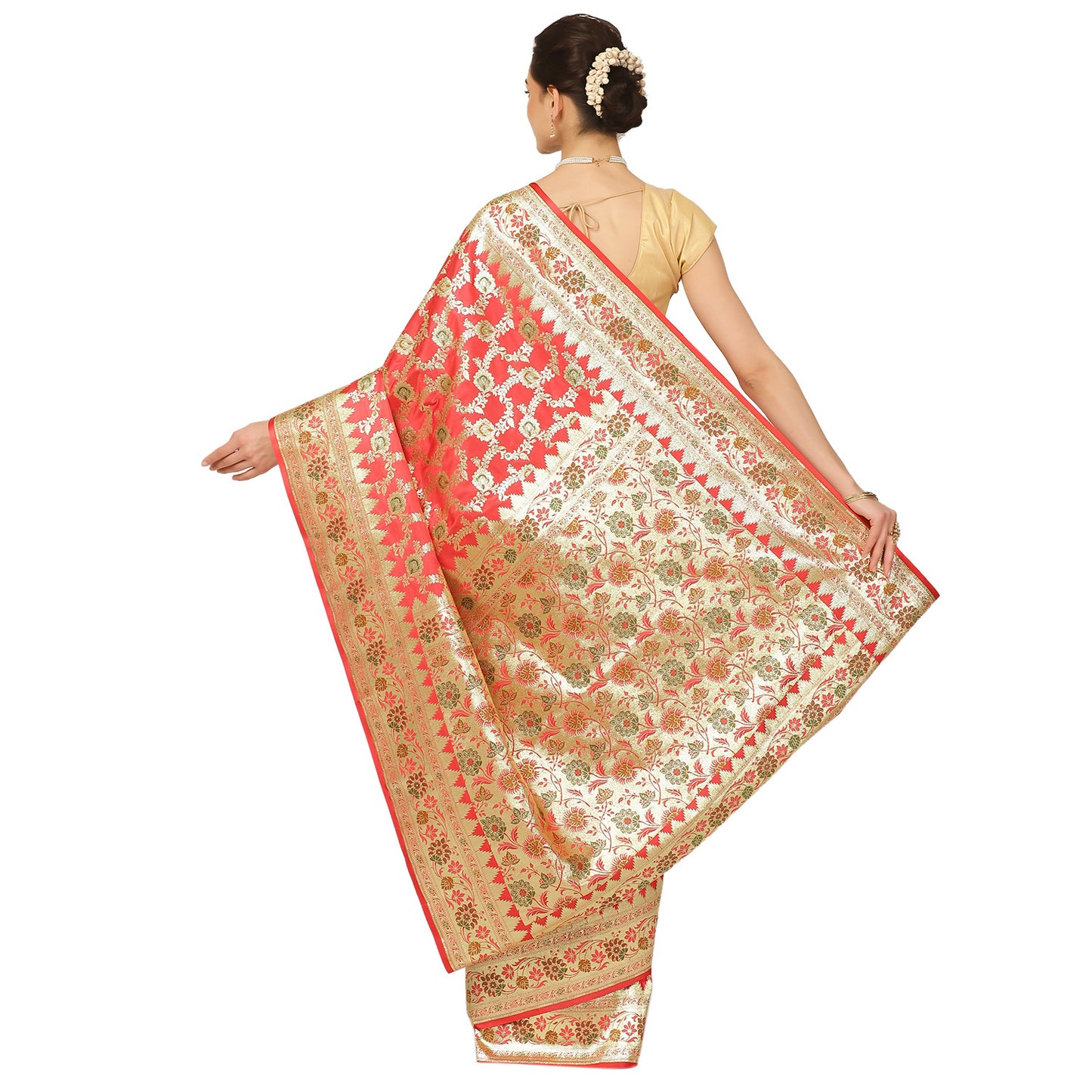 Faishana Presents Peach Katan Silk Floral Minakari Zari Jaal with Paithani Meena Anchal Banarasi Saree