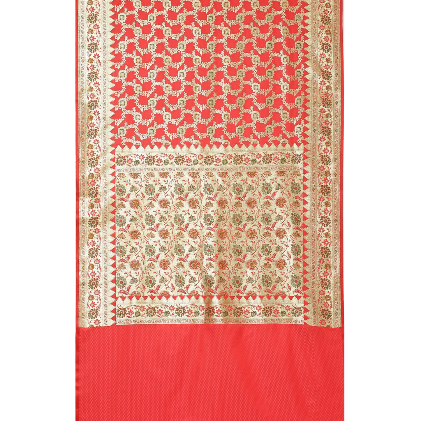 Faishana Presents Peach Katan Silk Floral Minakari Zari Jaal with Paithani Meena Anchal Banarasi Saree