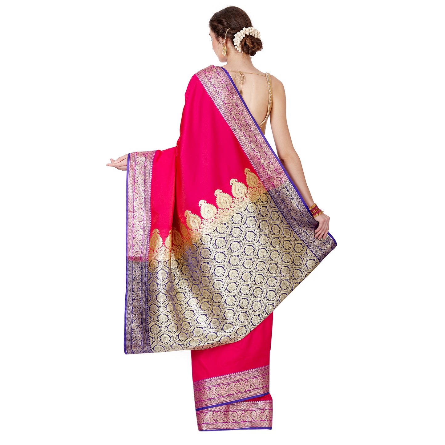 Faishana Presents Pink Plain Satin Silk Banarasi Saree with Contrasting Blue Pallu and Blue Blouse Piece