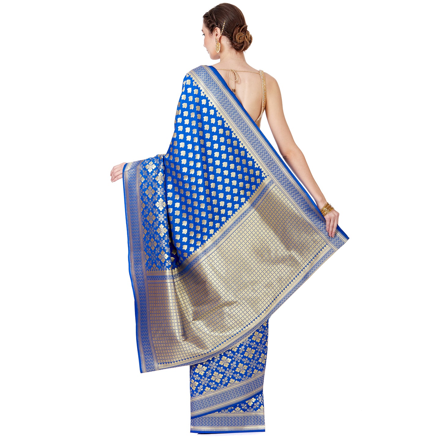 Faishana Blue Satin Silk Zari Floral Booti Saree With Blouse Piece GEJA17