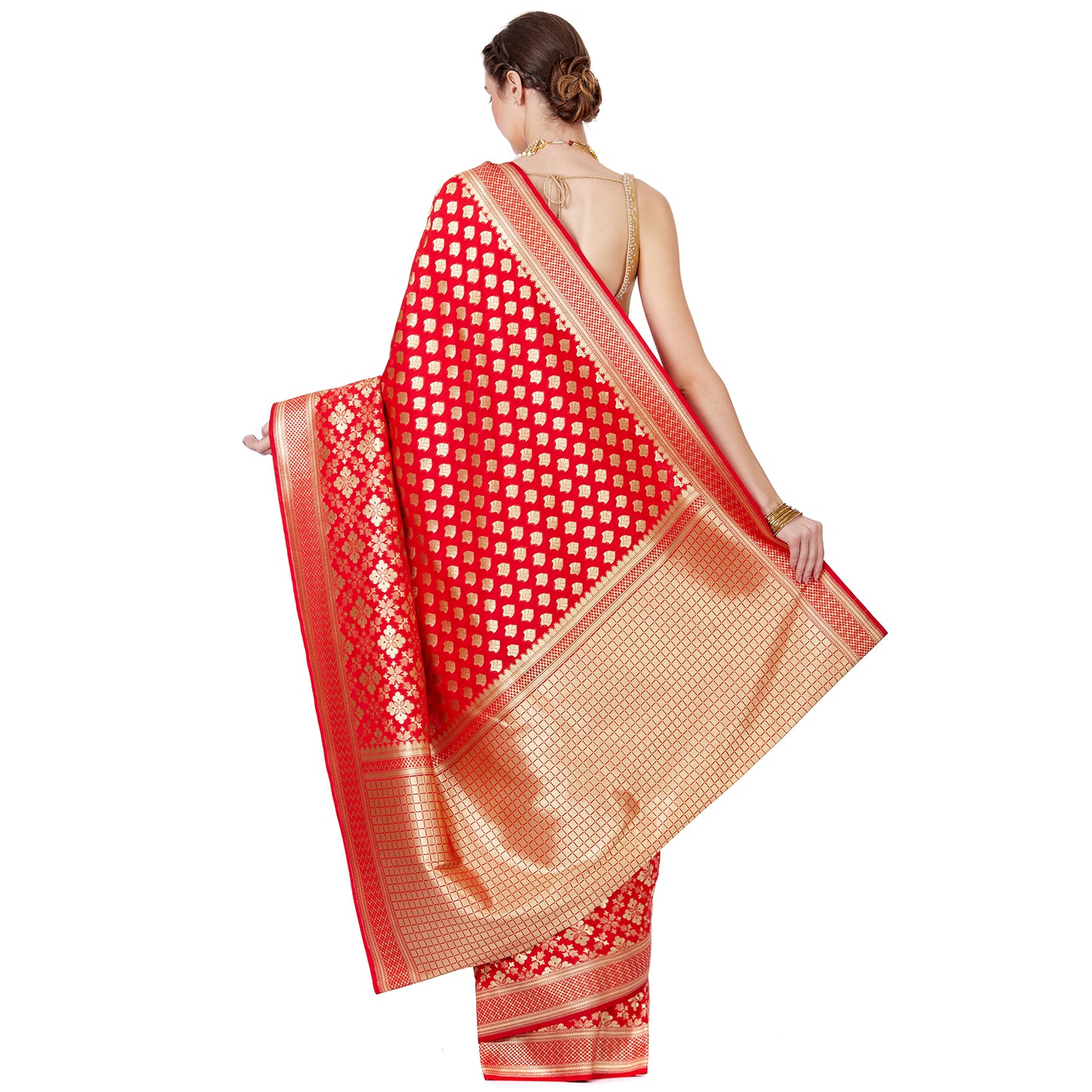 Faishana Presents Red Satin Silk Floral Zari Booti Banarasi Saree with Red Blouse Piece
