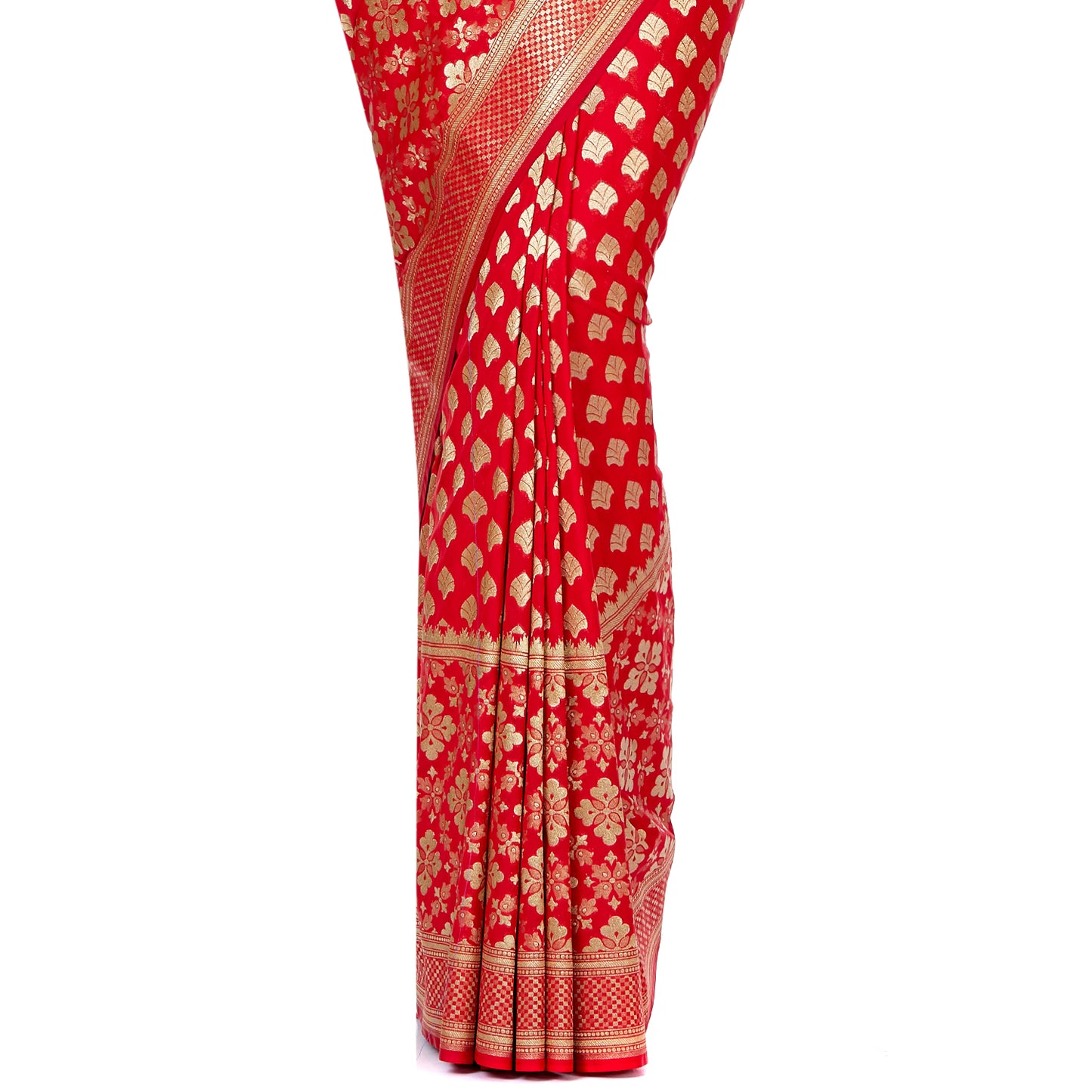 Faishana Presents Red Satin Silk Floral Zari Booti Banarasi Saree with Red Blouse Piece