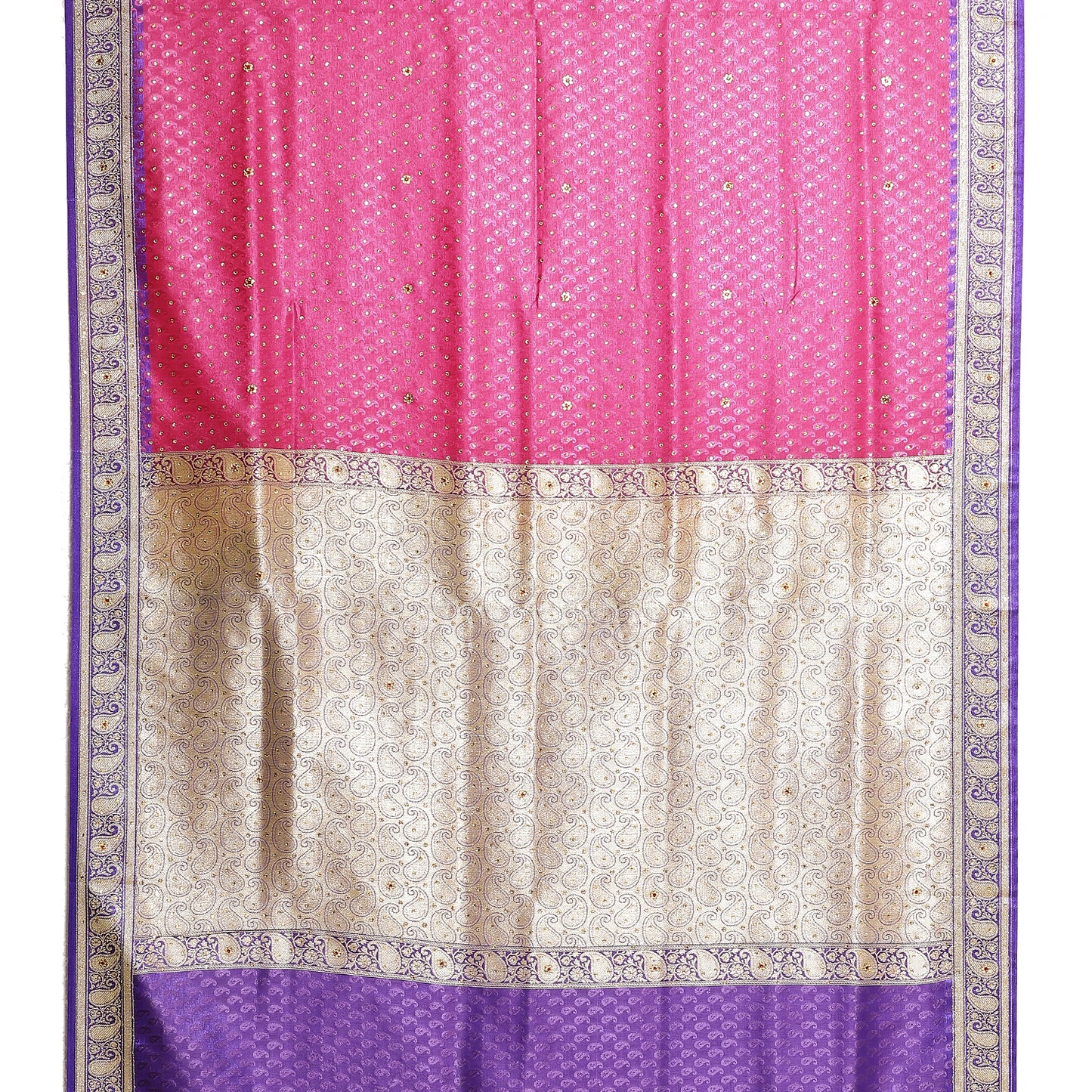 Faishana Presents Pink Tanchoi Stone Contrast Blue Border Art Silk Banarasi Saree With Blouse Piece