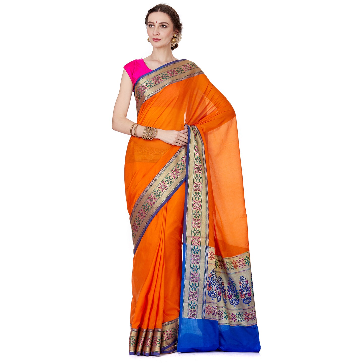Faishana Orange Solid Silk Blend Saree With Blouse Piece GEJA20
