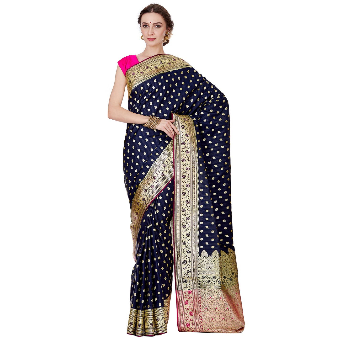 Faishana Navy Blue Satin Silk Saree With Blouse Piece GEJA27