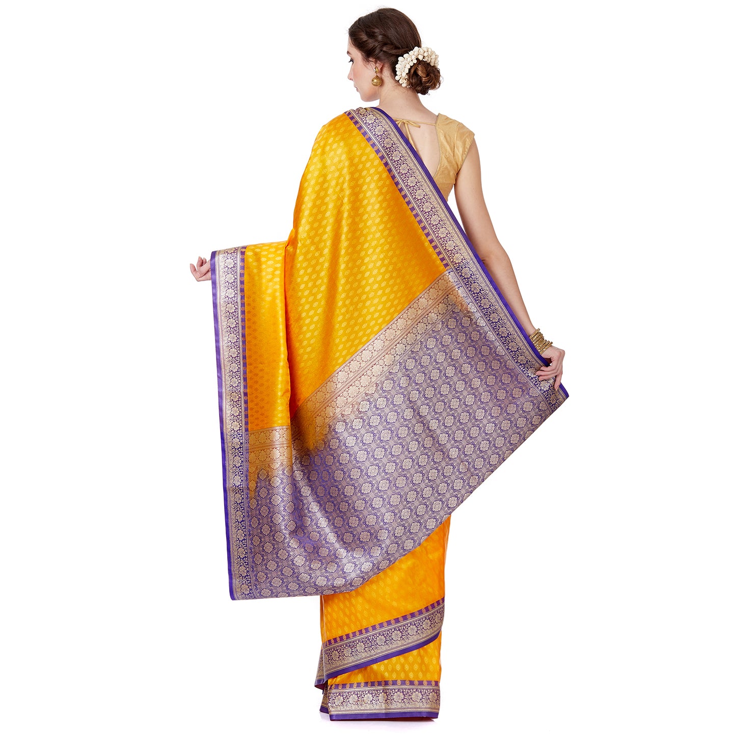 Faishana Presents Yellow Satin Silk Floral Booti Saree with Contrast Paisley Pallu and Violet Blouse Piece